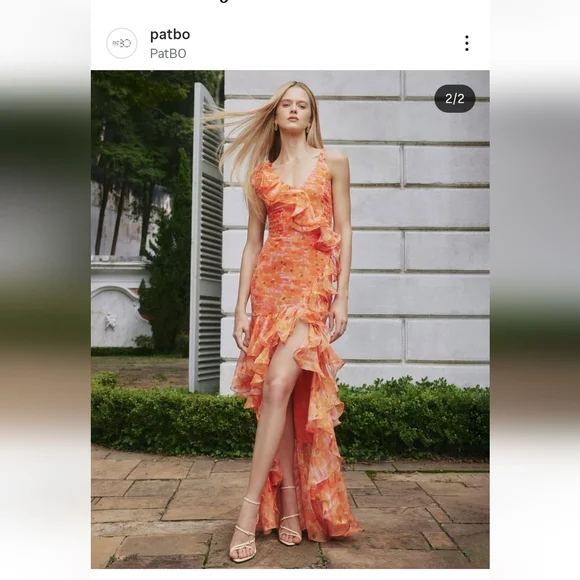 NWT Patbo Ruffled Floral High Low Maxi Dress Myosotis Flutter Gown Sz 12 Or L XL - Picture 7 of 16